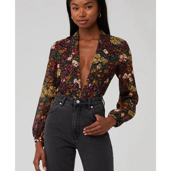 Amanda Uprichard Tops - Amanda Uprichard Revolve Hera Floral deep V Romantic Thong Bodysuit Sz XL